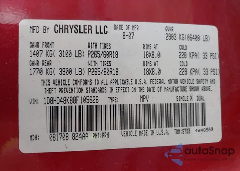 2008 Dodge Durango Slt из США, поврежденный, VIN 1D8HD48K88F105626